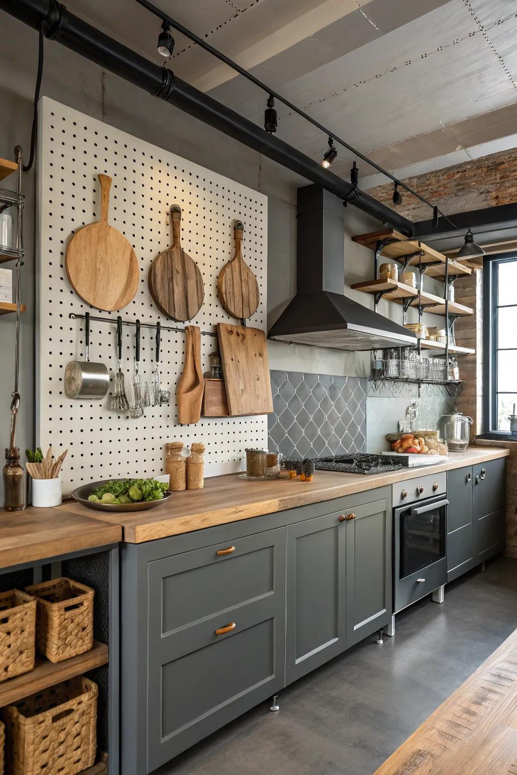 Pegboard system displaying cutting boards creatively.