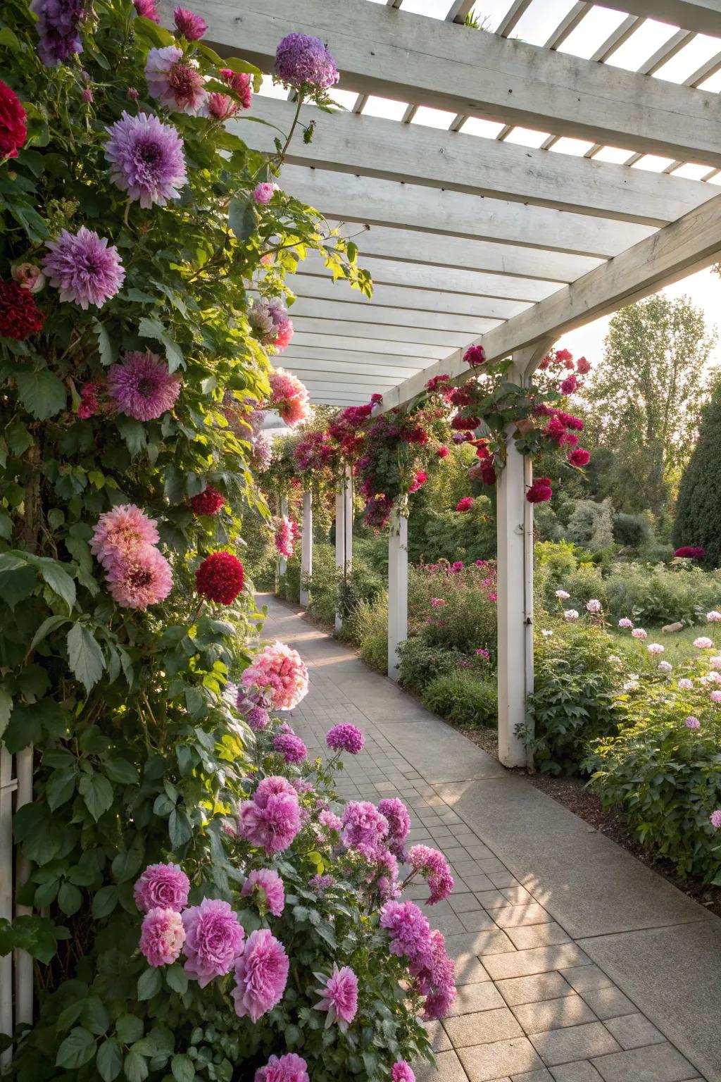 A dahlia-covered pergola offering shade and beauty.