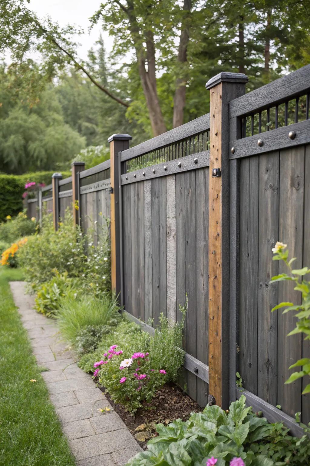 A textured garden look with a deep charcoal boundary featuring mixed materials like timber and metal.