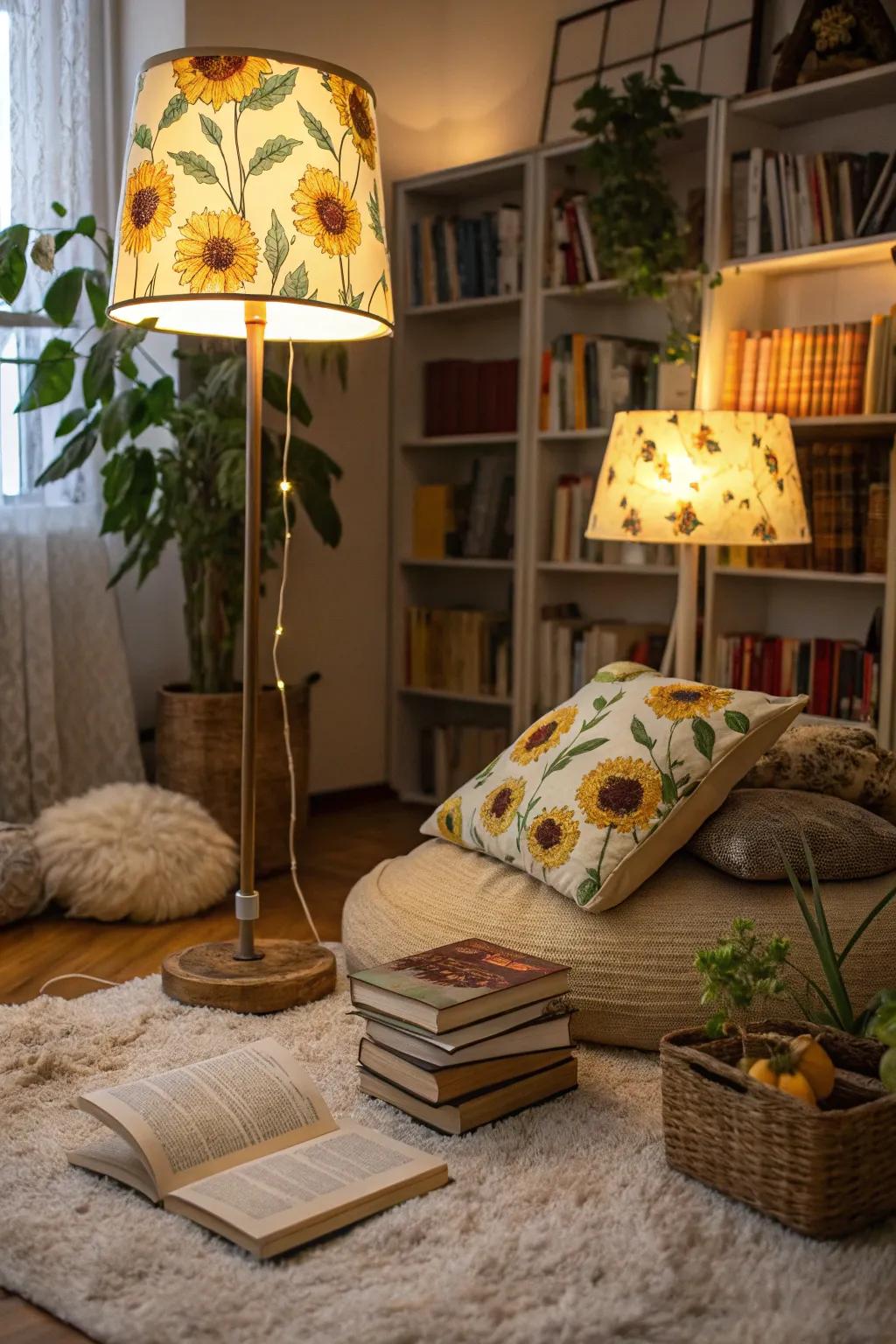 Sunflower lampshades add warmth and a cheerful ambiance to any room.