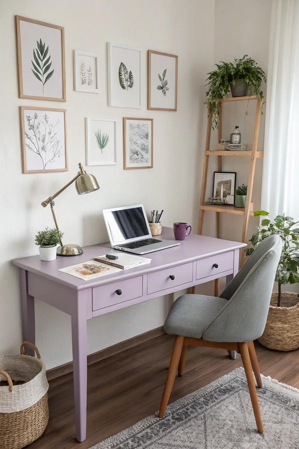 Lilac desks create a serene and calming workspace.