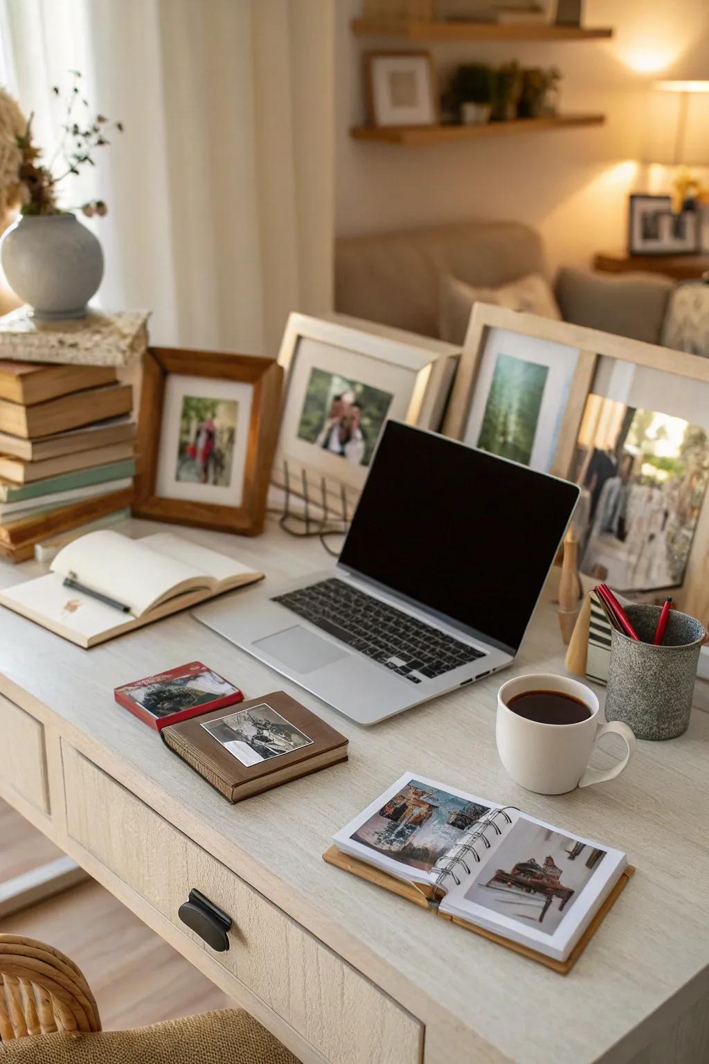 Photographs are a simple way to add a personal touch to your desk.