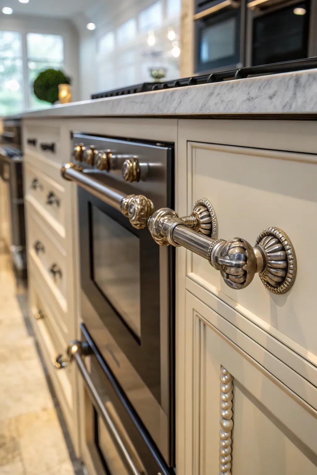 Showcase elegant fittings highlighting the unique elegance of a double oven. 
