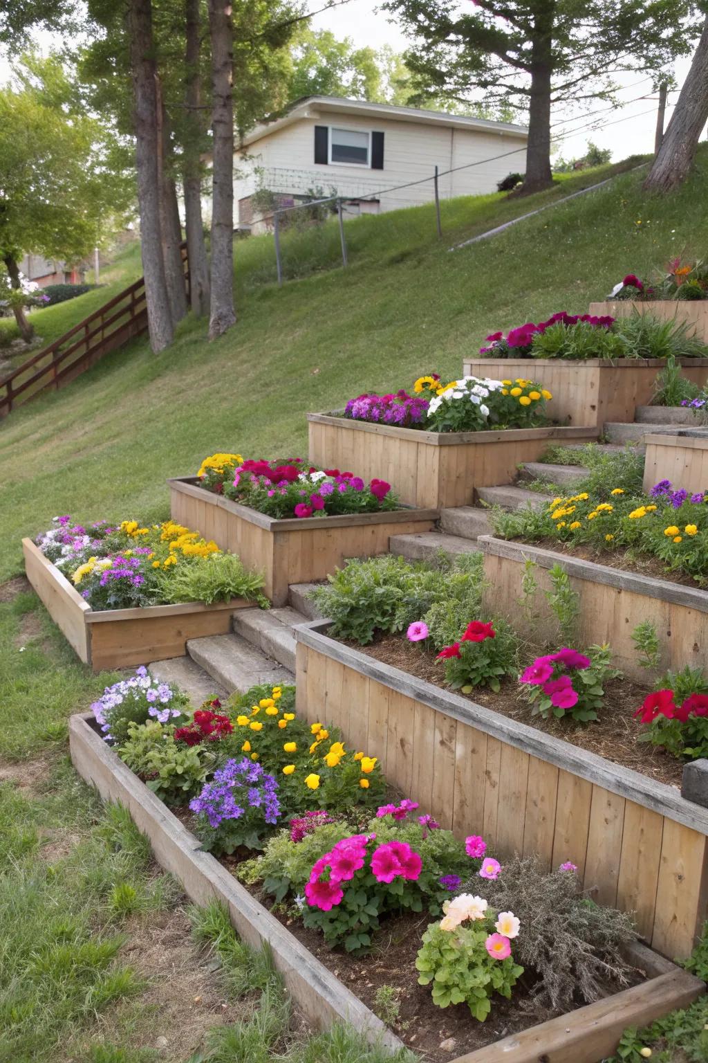 Tiered plots inject vibrant color and texture into sloped gardens.