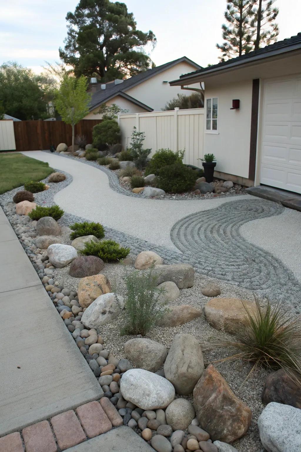 A tranquil rock arrangement imparts serenity to the driveway berm.