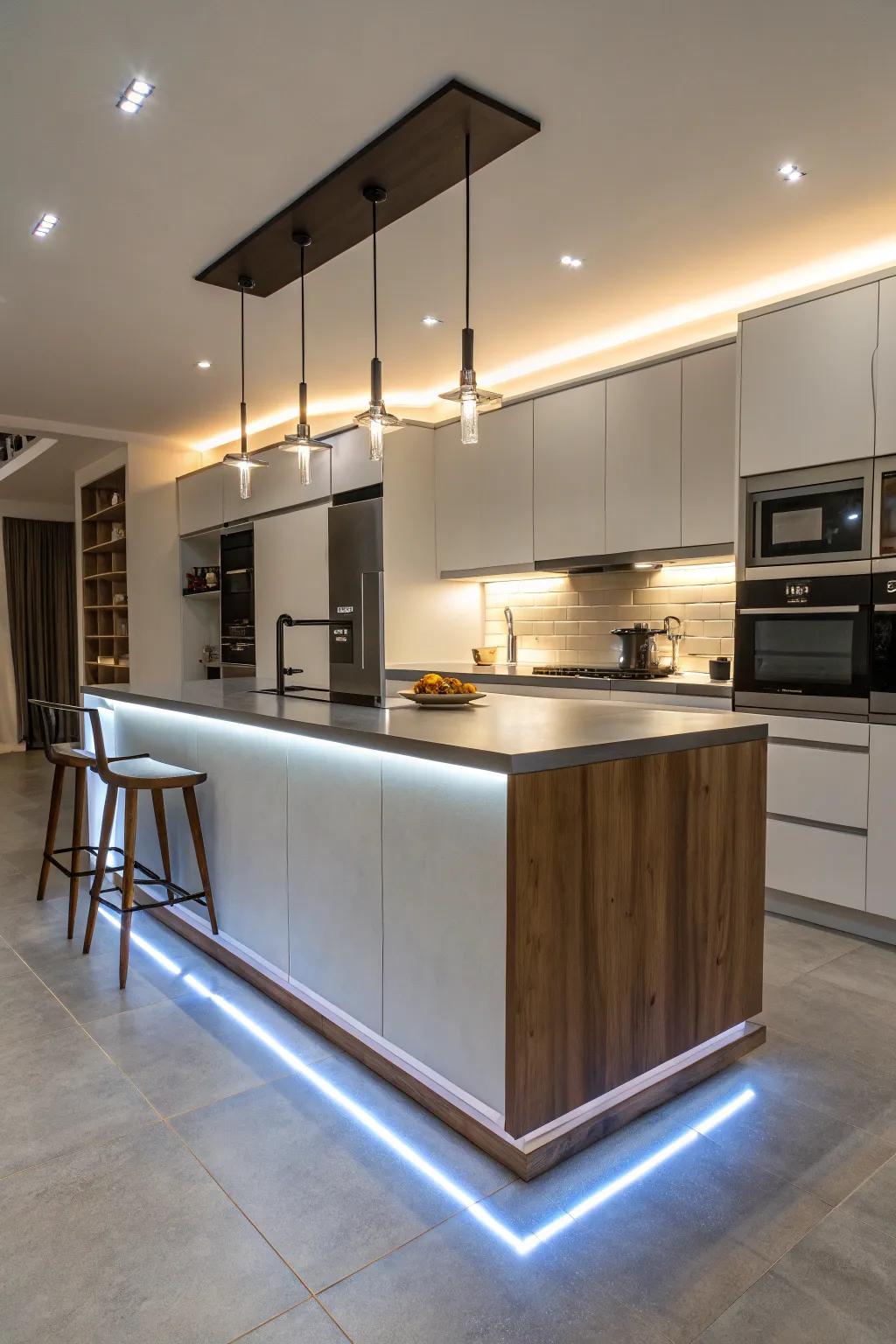 An island with an illuminated base adding a modern touch.
