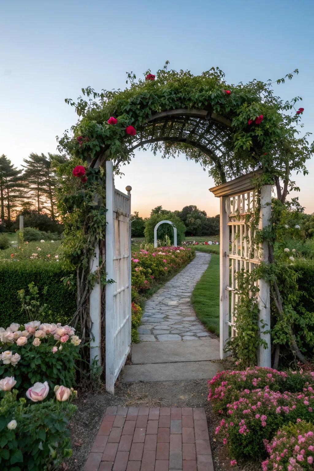 A dramatic entrance framed by an elegant pergola.