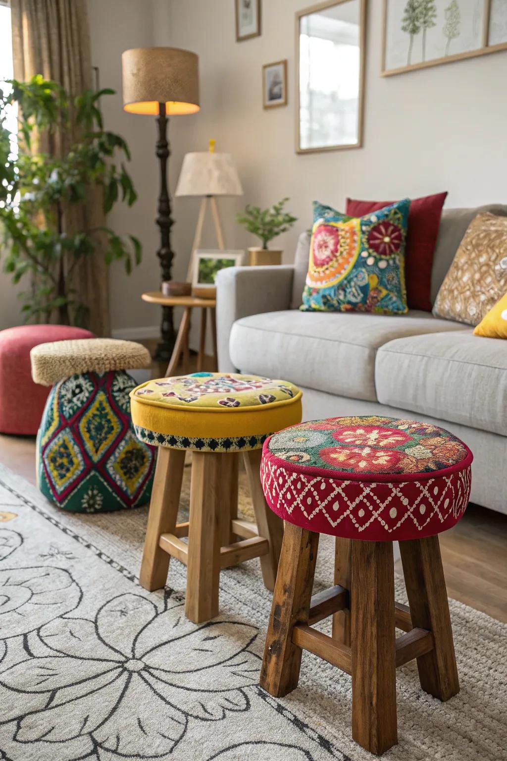 Grouped stools introduce an artistic flair to seating.