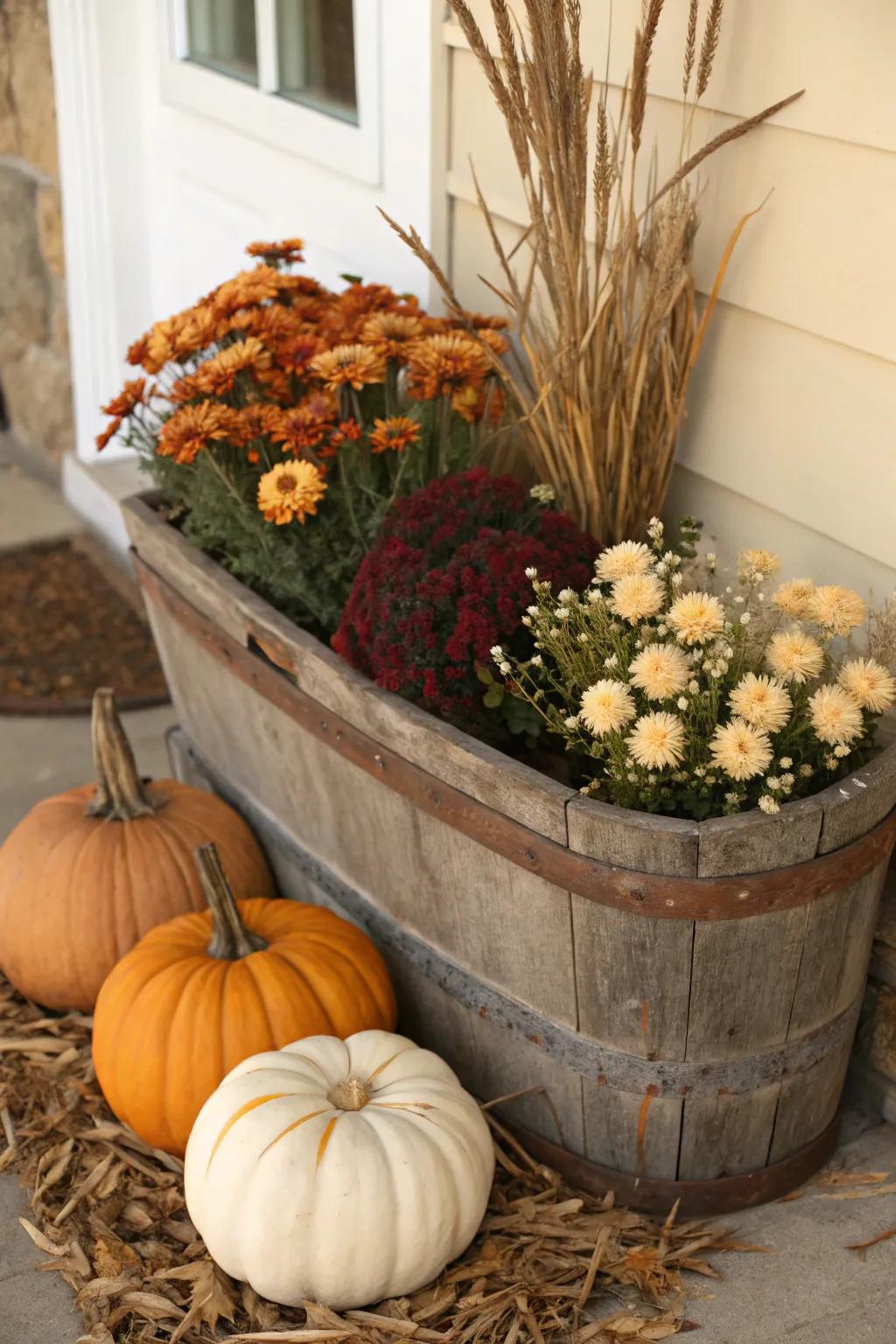 Dried flowers add a vintage charm to pumpkin planters.