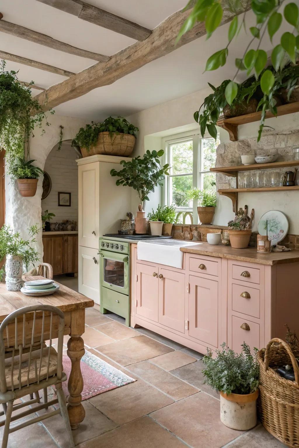 Rose embellishments bring warmth and individuality to a farmhouse kitchen.
