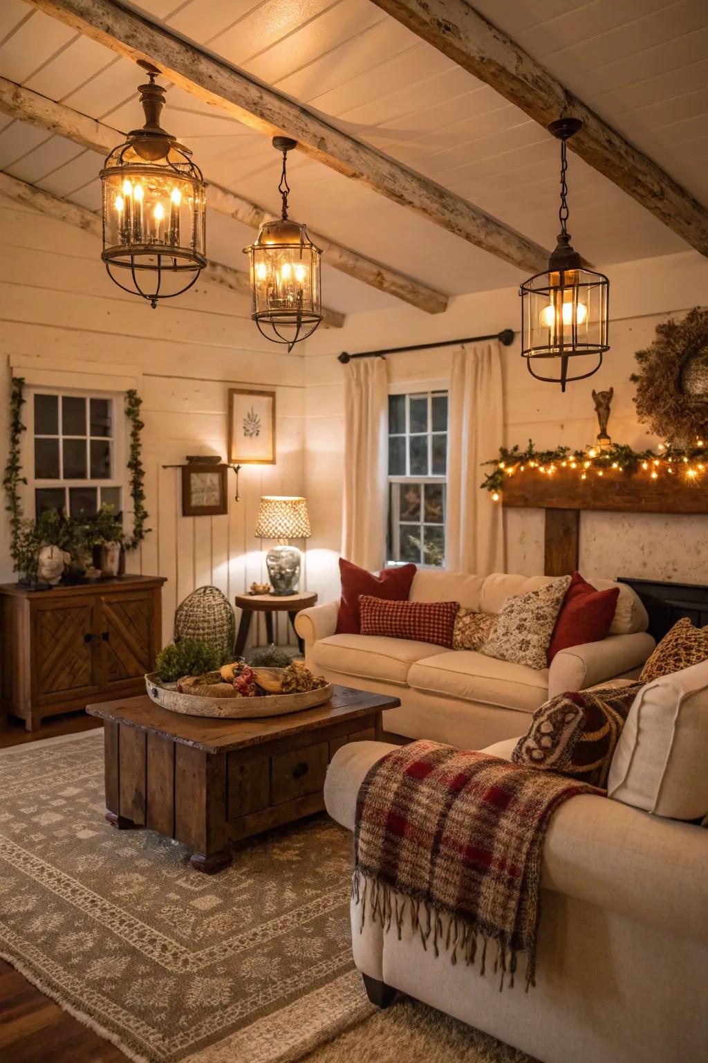 Timeless illumination casts a warm, nostalgic radiance within this farmhouse living space.