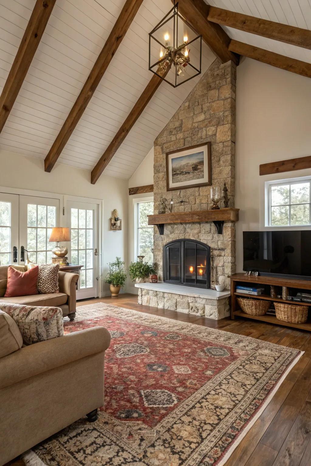 Layered rugs add warmth to a farmhouse living room.