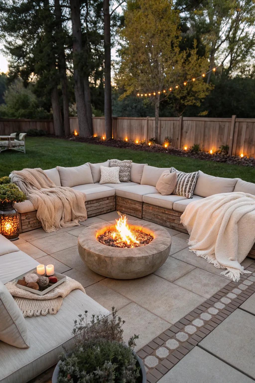 Lavish lounge sofas offer ultimate comfort around the fire pit.