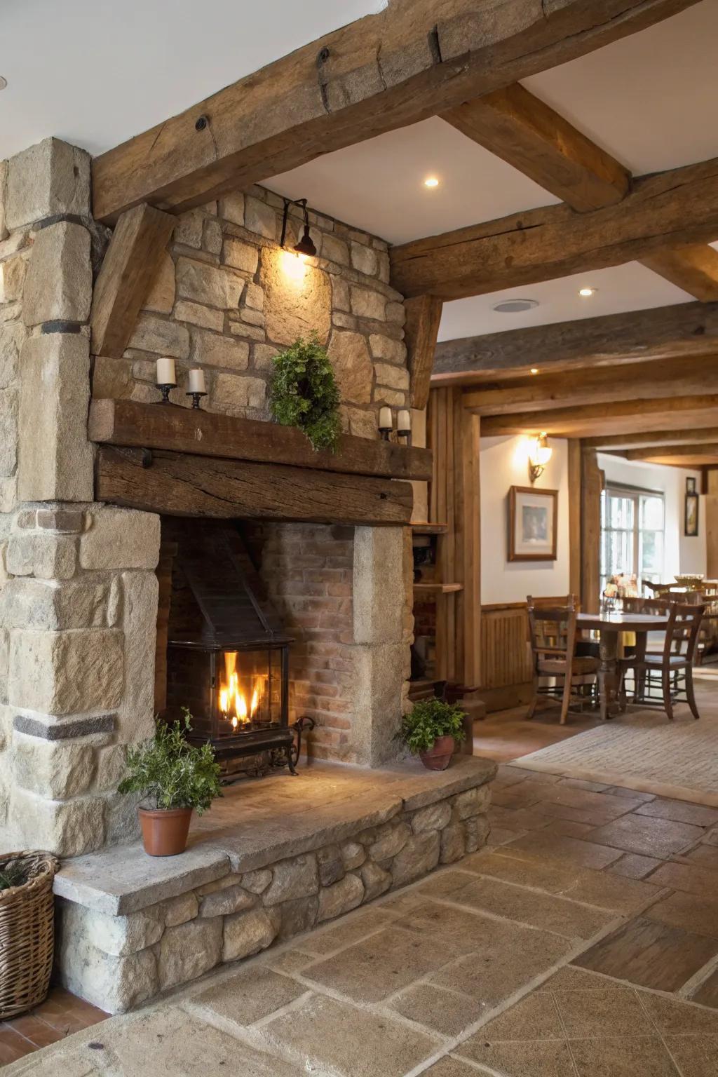 Rustic beams bring a touch of farmhouse charm to the fireplace.