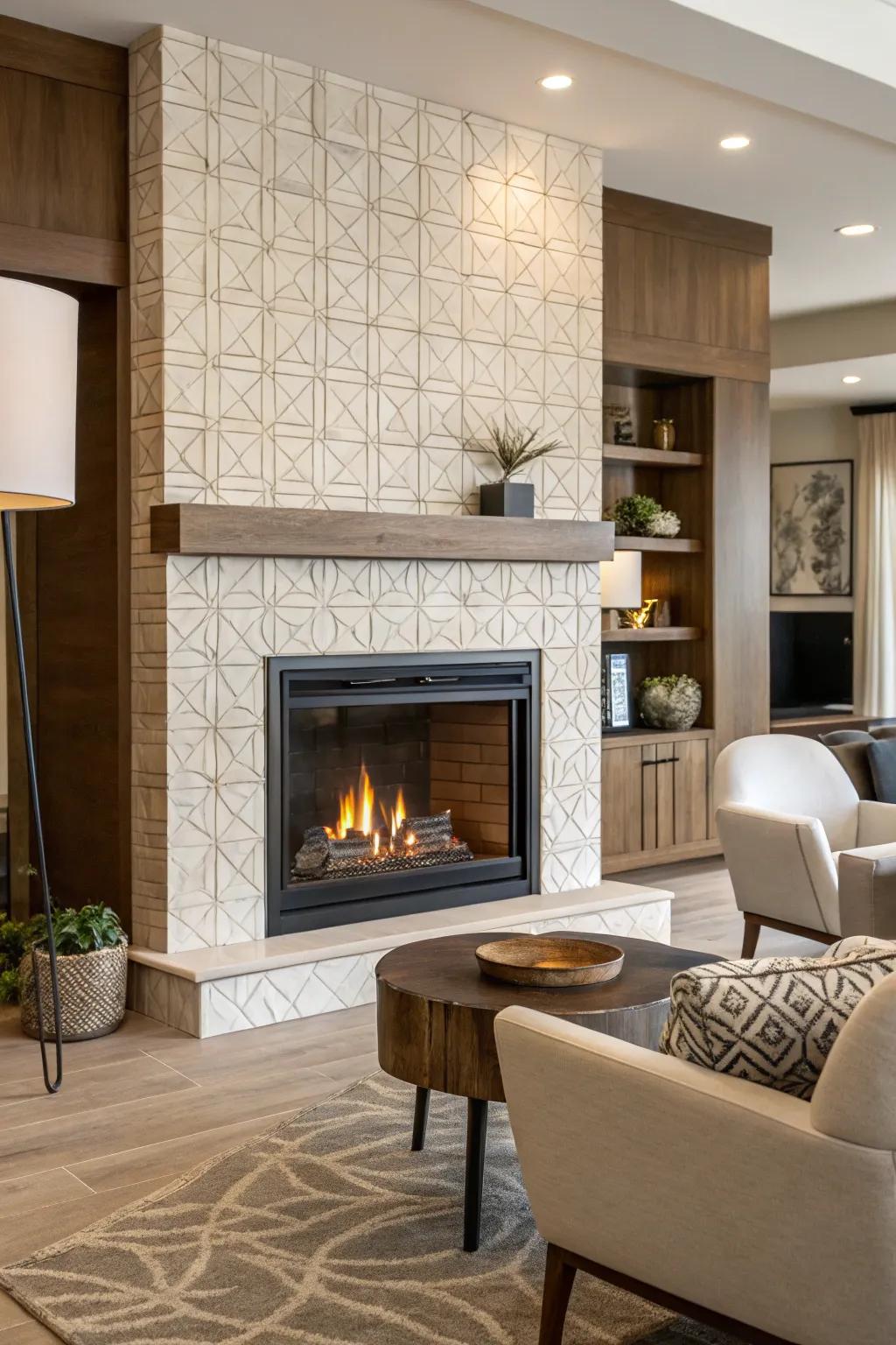 Embossed tiles amplify the visual appeal of the fireplace.