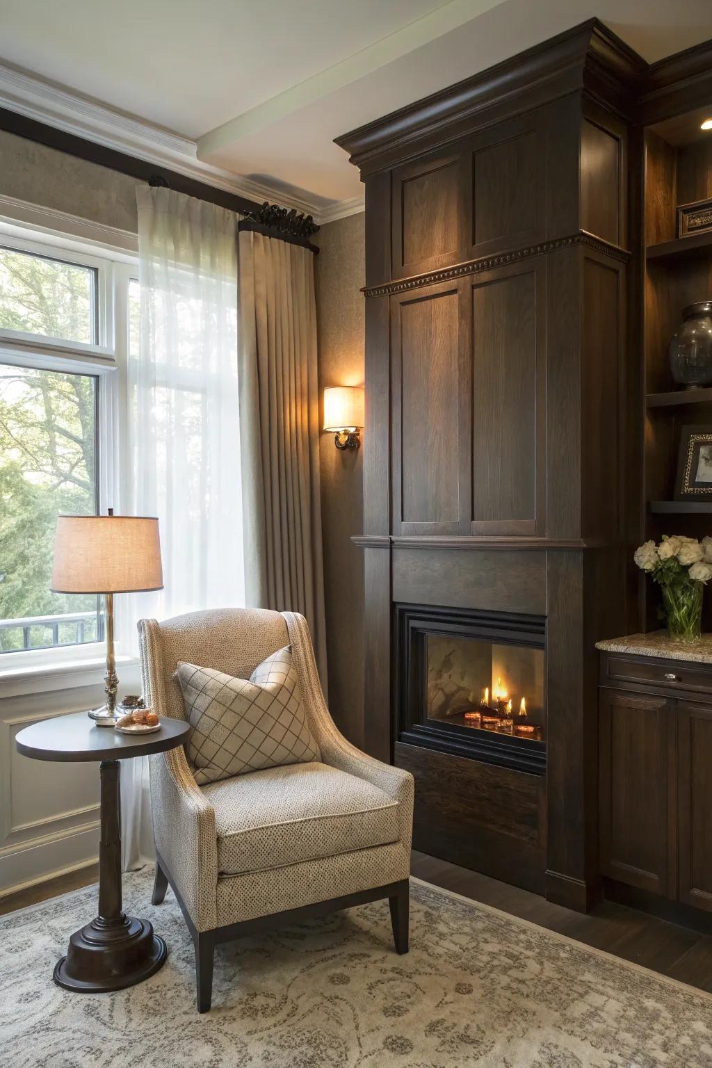 A cozy nook invites relaxation by the fireplace.
