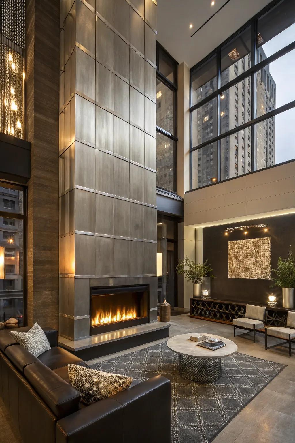 This urban loft features a fireplace with sleek metallic panels that scream modern style.