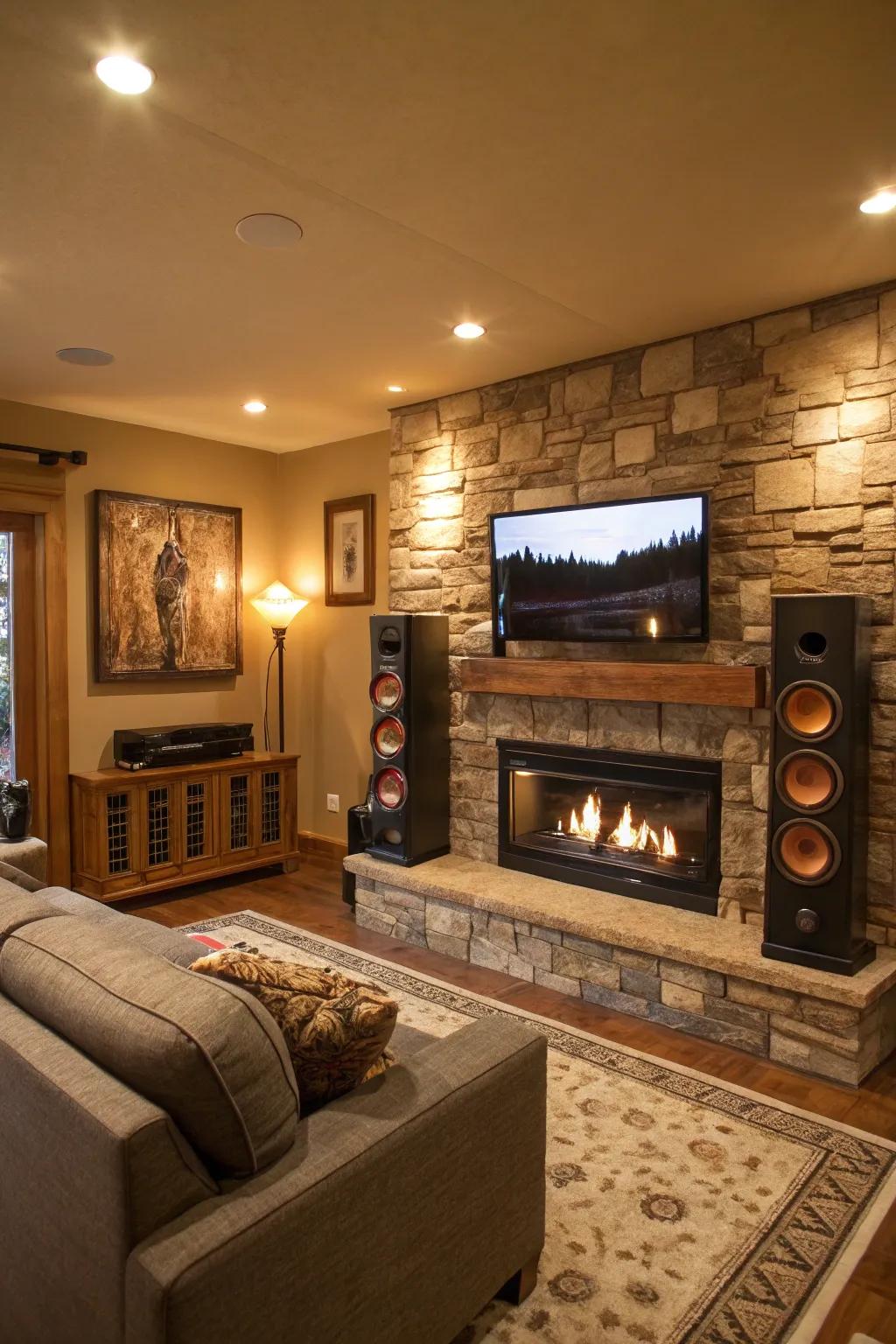 A family room showcasing an integrated audio setup in the fireplace wall.