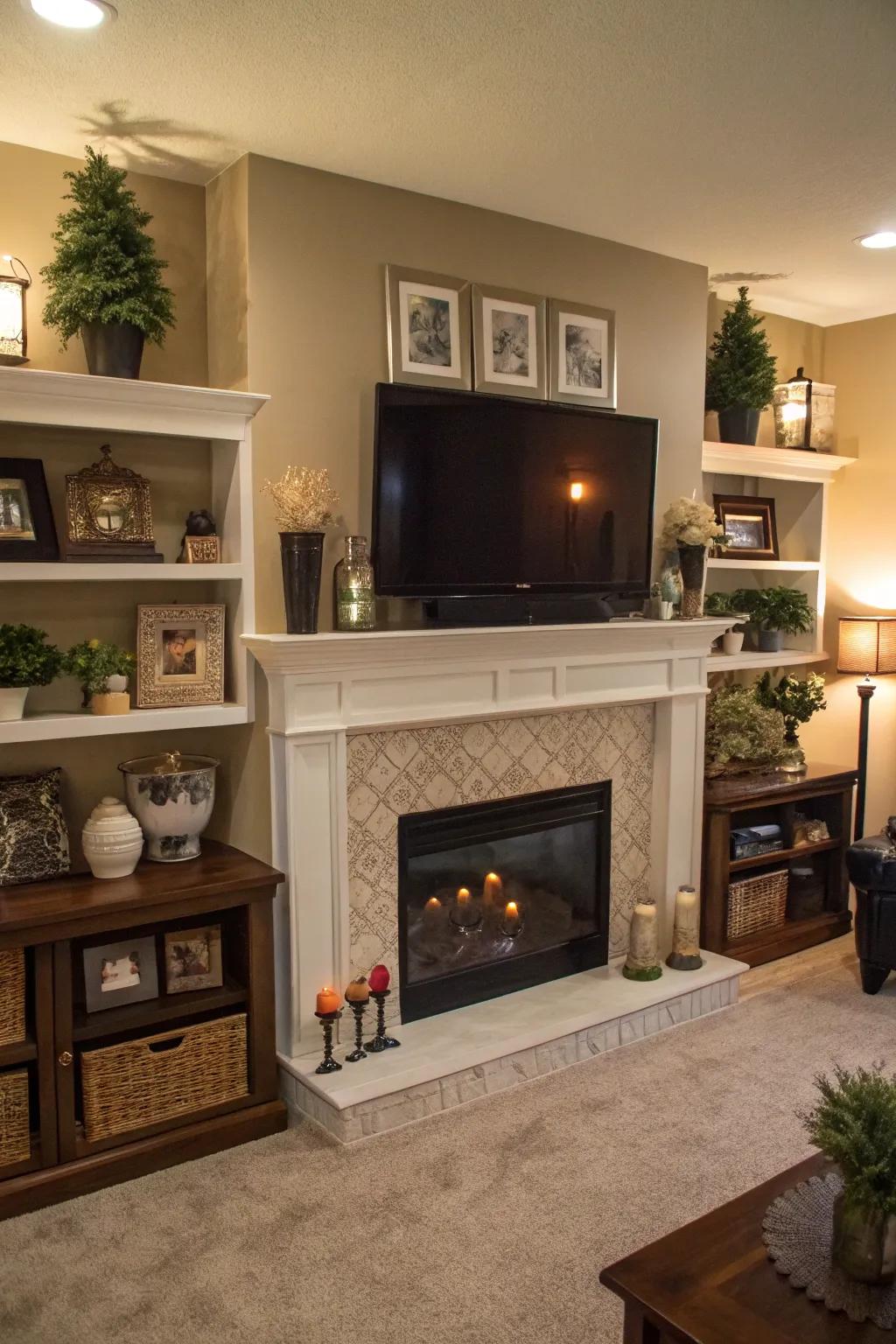 A tiered mantel with varied decor introduces intrigue to a living space.