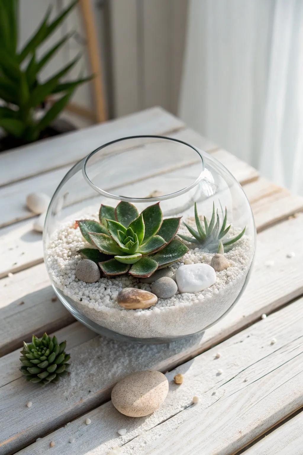 Embrace modern minimalism with this serene succulent terrarium.