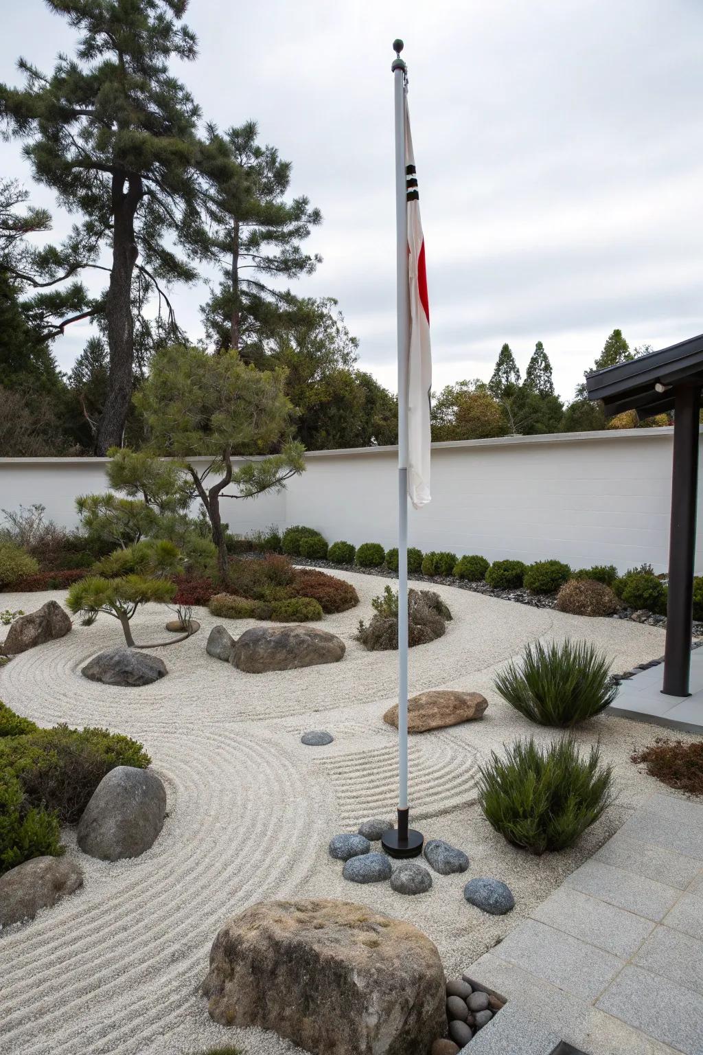 A Zen garden offers a tranquil space around a flagpole.
