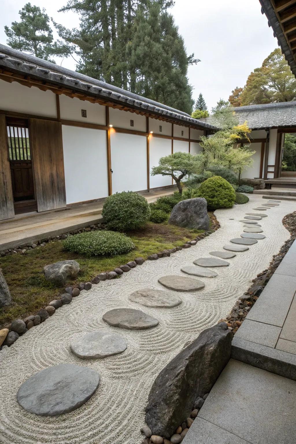 Flagstone edging complements the serene atmosphere of Zen gardens.