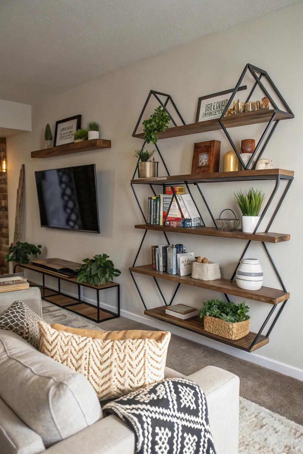 Geometric pattern of floating shelves for an artistic appeal
