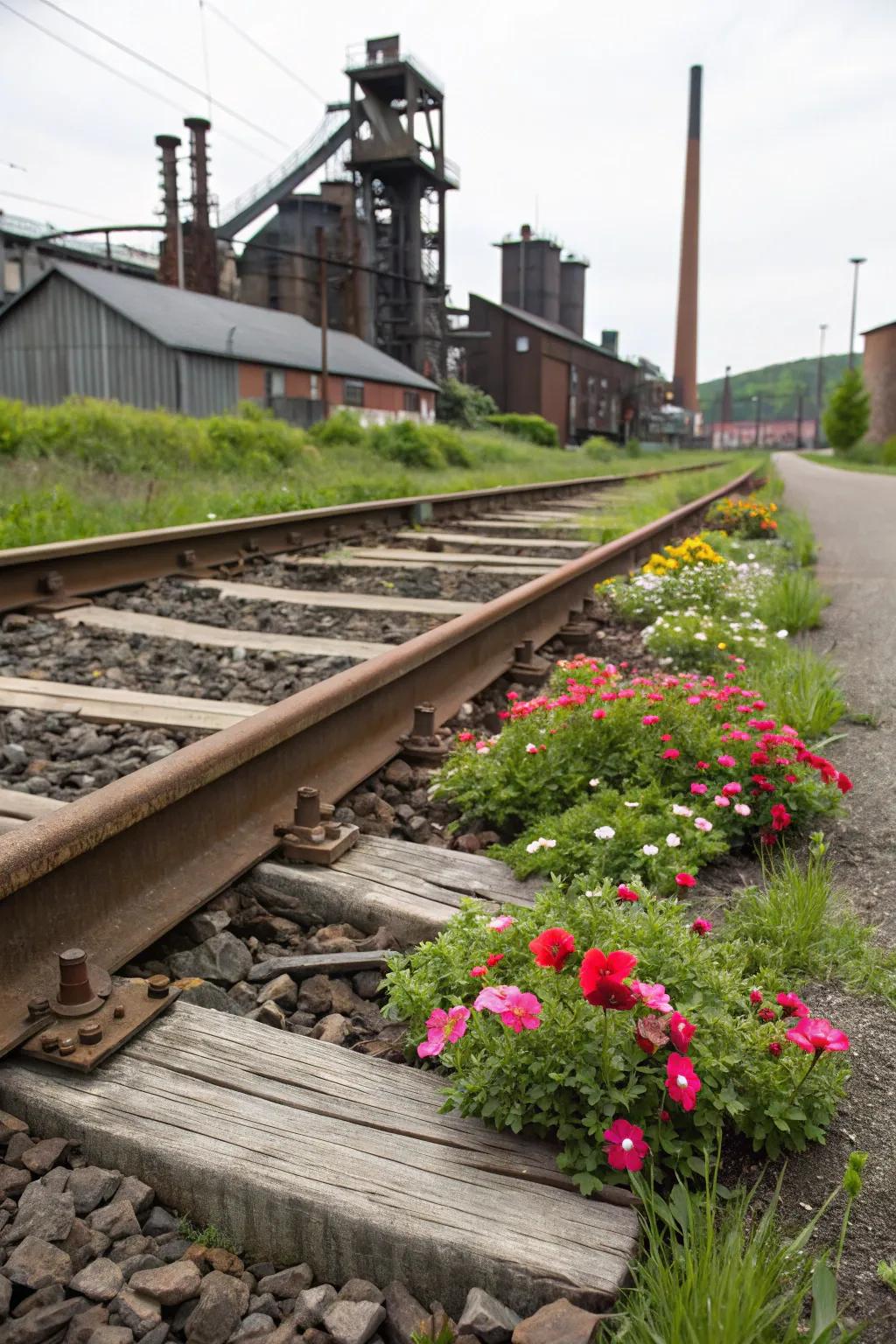 Railway sleepers furnish a sturdy and industrial flower bed border.