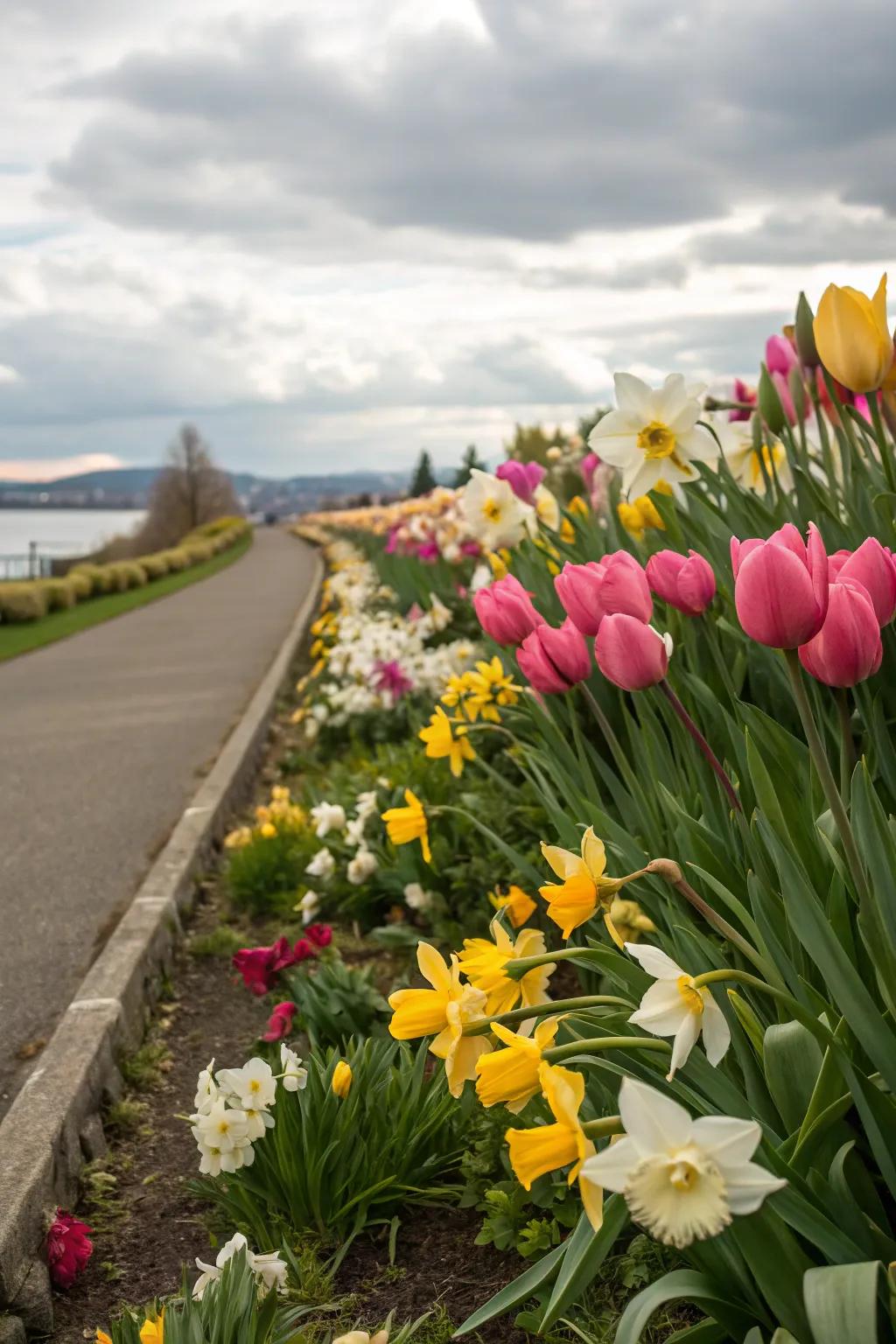 A delightful flower border showcasing spring bulbs like tulips and daffodils in bloom.