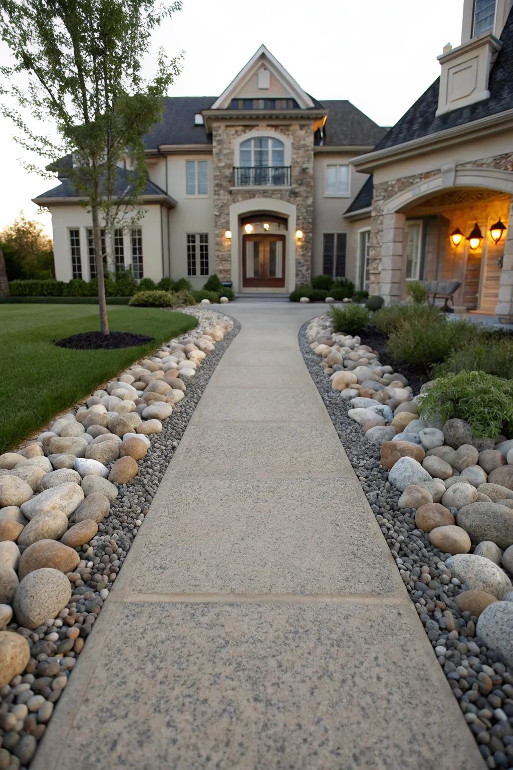 River rocks frame a driveway beautifully.