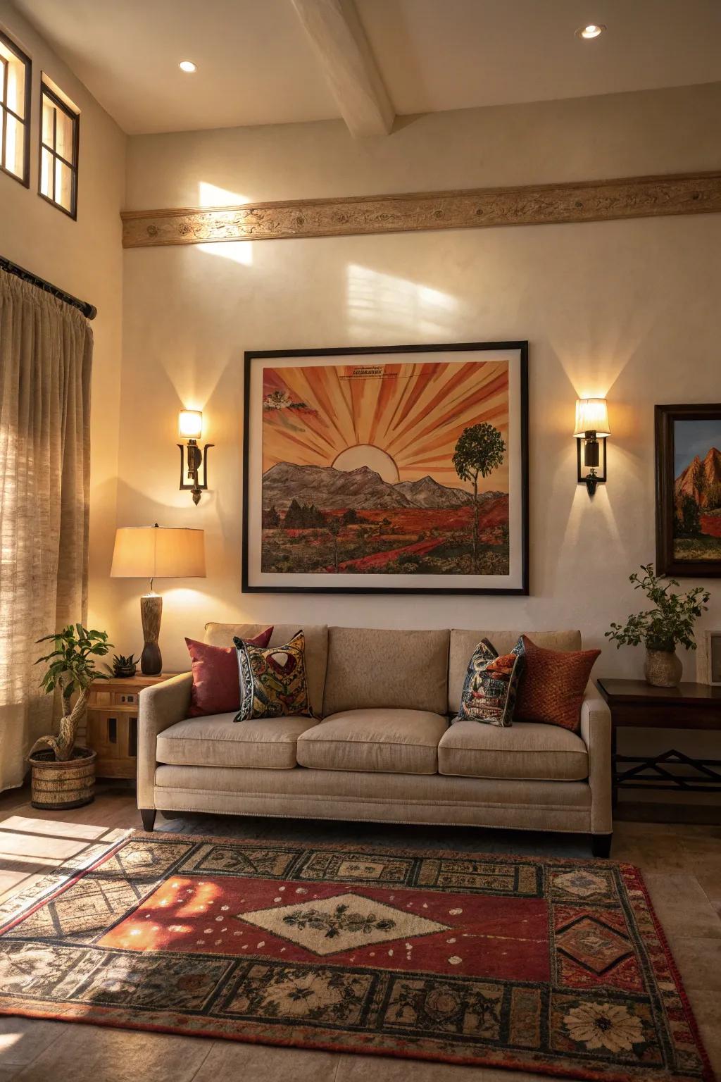 Large artwork serves as an eye-catching focal point in the room.