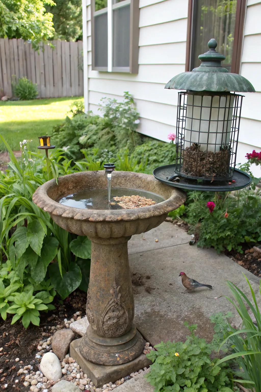 A bird sanctuary in a corner lot garden attracting local wildlife.