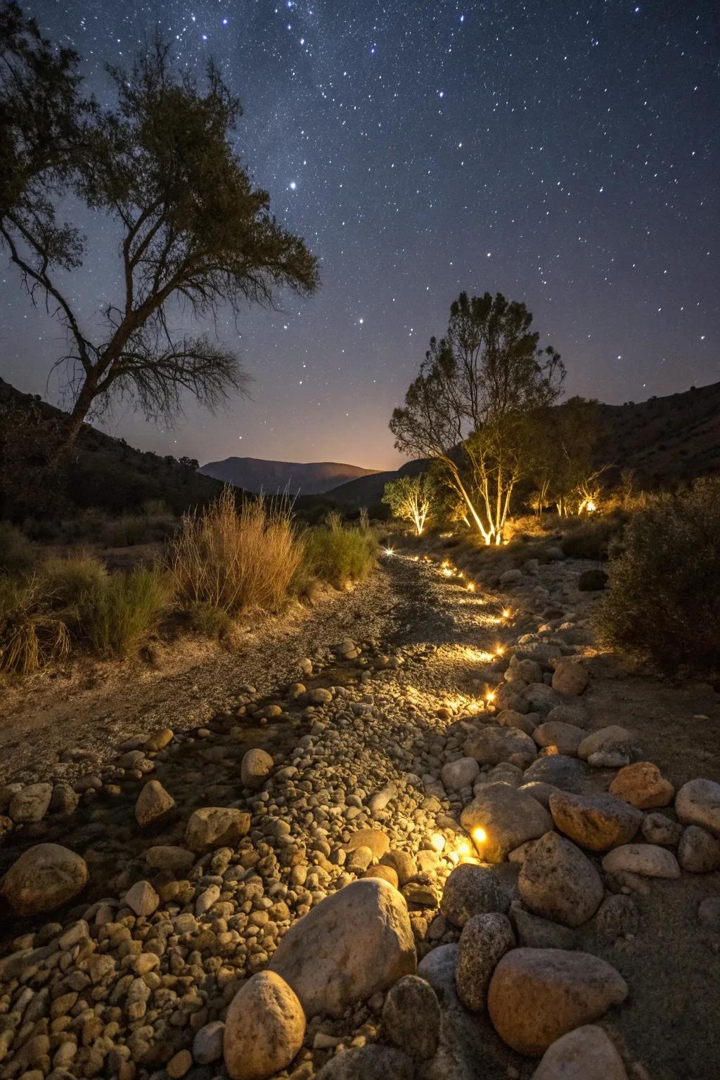 LED lamps spark a magical shimmer across your dry creek bed as the night descends.