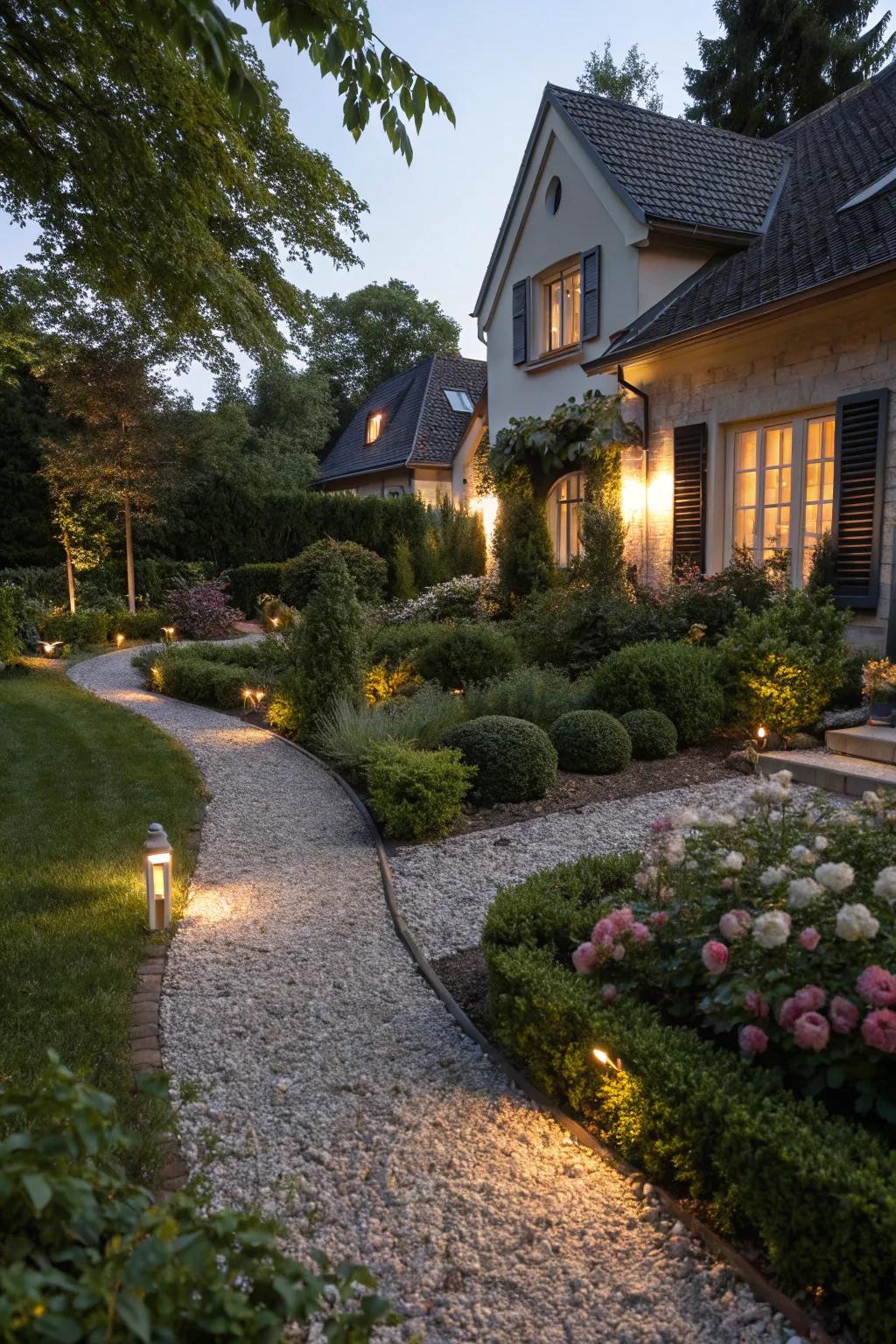 Lighting among gravel paths creates an enchanting evening ambiance.