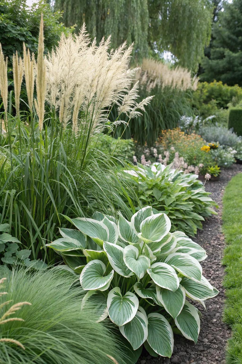 Leafy glories and ornamental grasses form a harmonious blend.