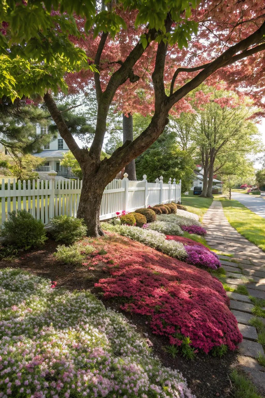 Colorful ground covers provide a vibrant underlayer to the Japanese maple tree.