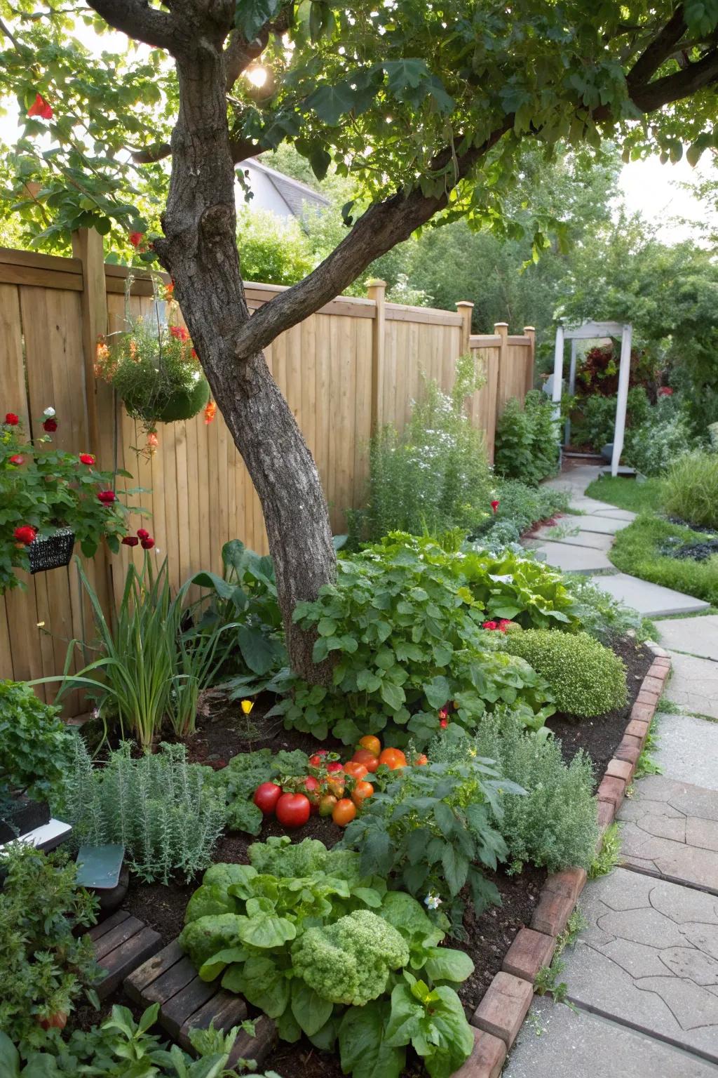 A cultivated garden garners fresh yields and enhances tree landscaping.
