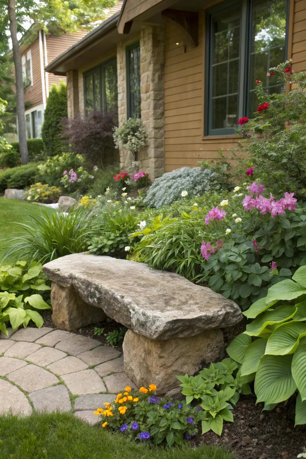 A rock bench offering a natural seating area in a front yard garden.