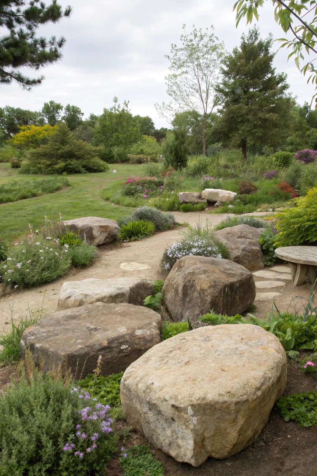 Natural seating with flat boulders invites relaxation.