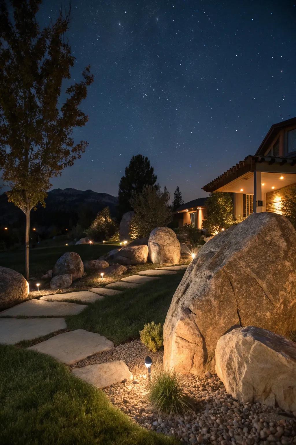 Create dramatic lighting effects with illuminated large rocks.