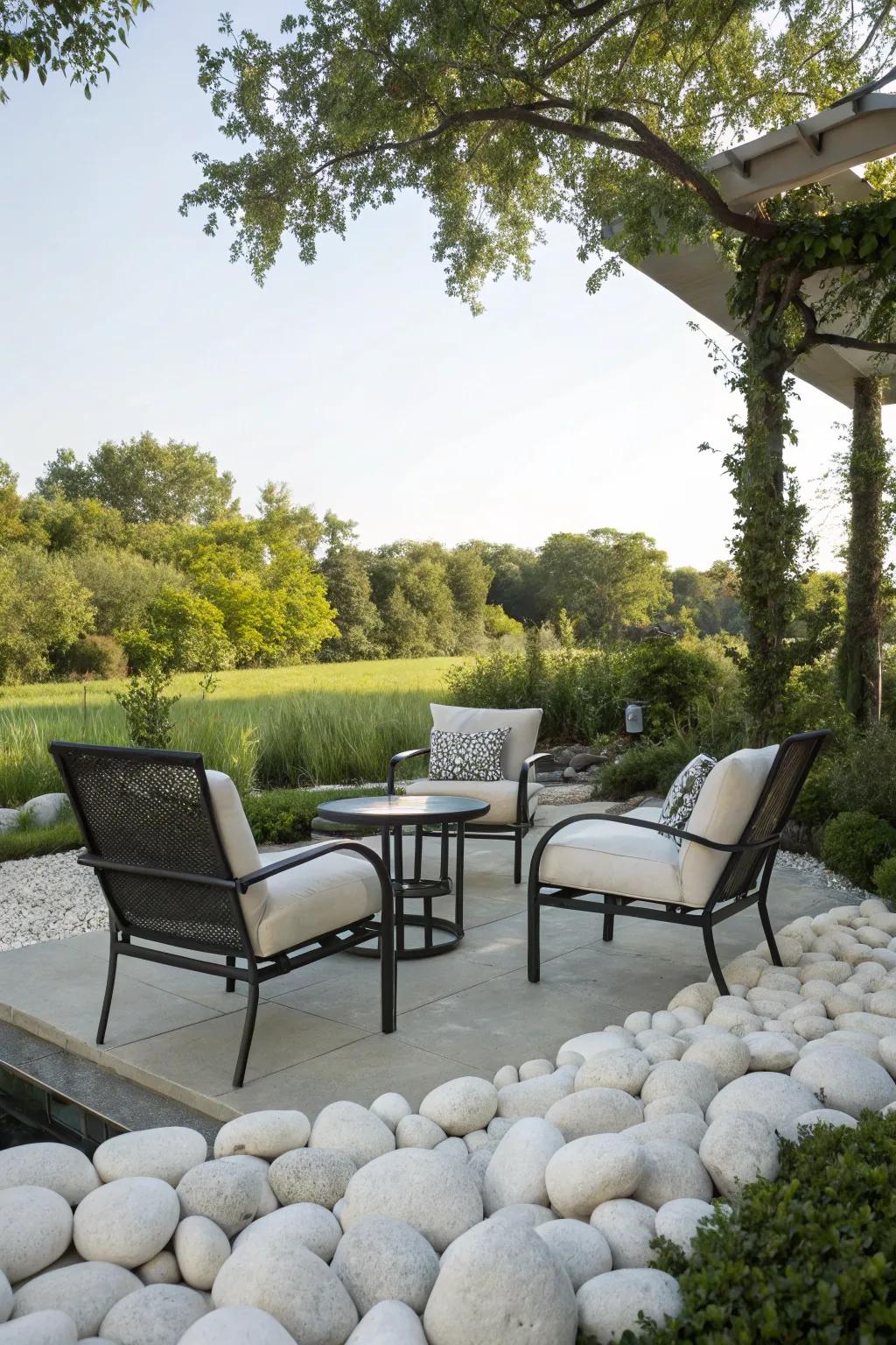 White rock seating areas offer a perfect spot for relaxation.