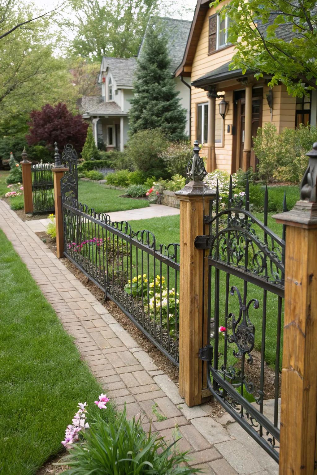 A forged metal barrier combined with wooden elements for a natural feel.