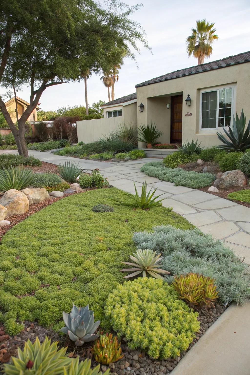 Drought-tolerant ground-hugging cover offering a pleasing, low-water substitute to grass.