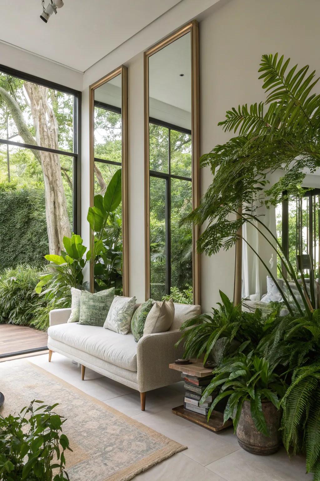 Mirrors reflecting nature bring the outdoors inside.