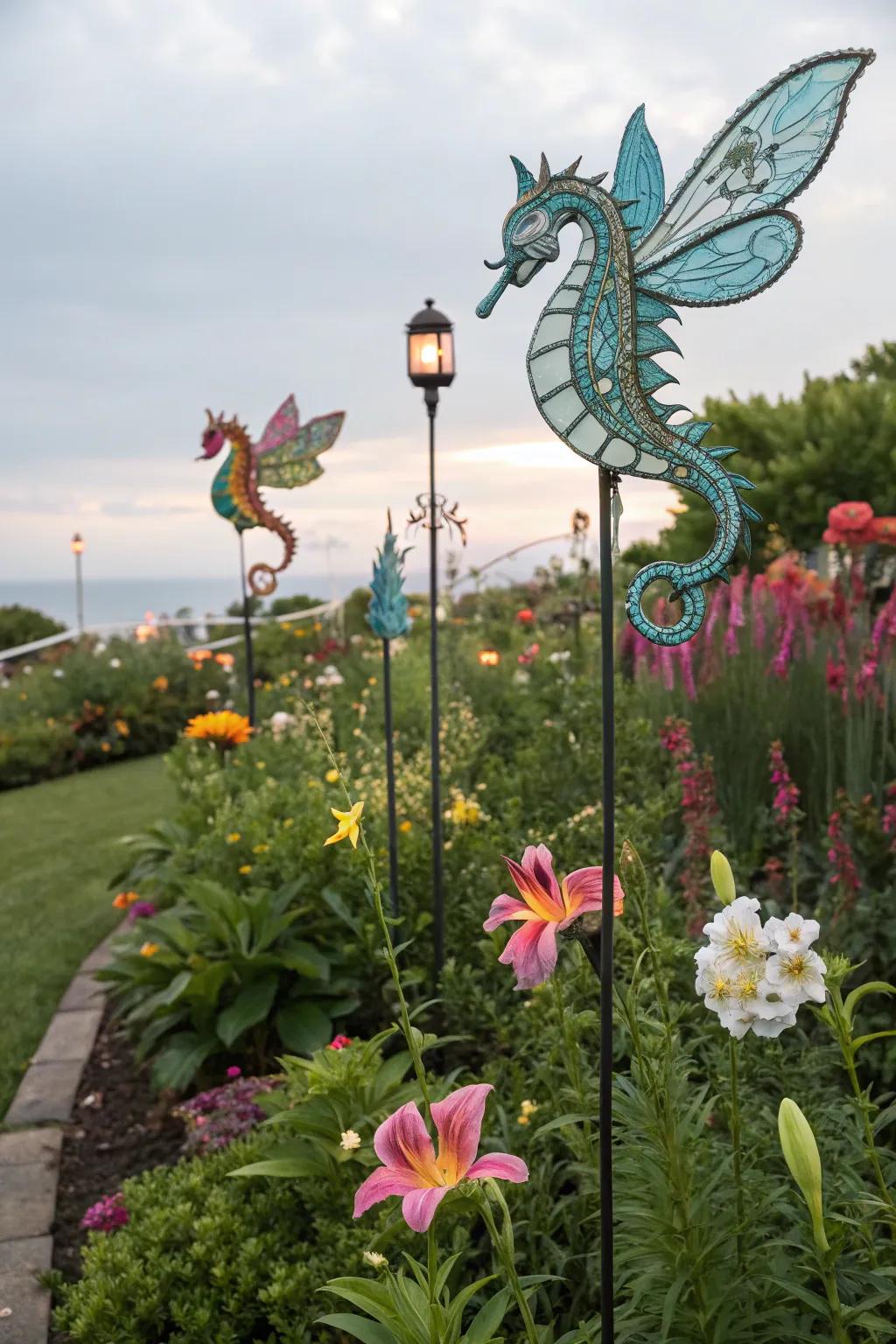 Mythological beings adding a fantastical element to the garden.