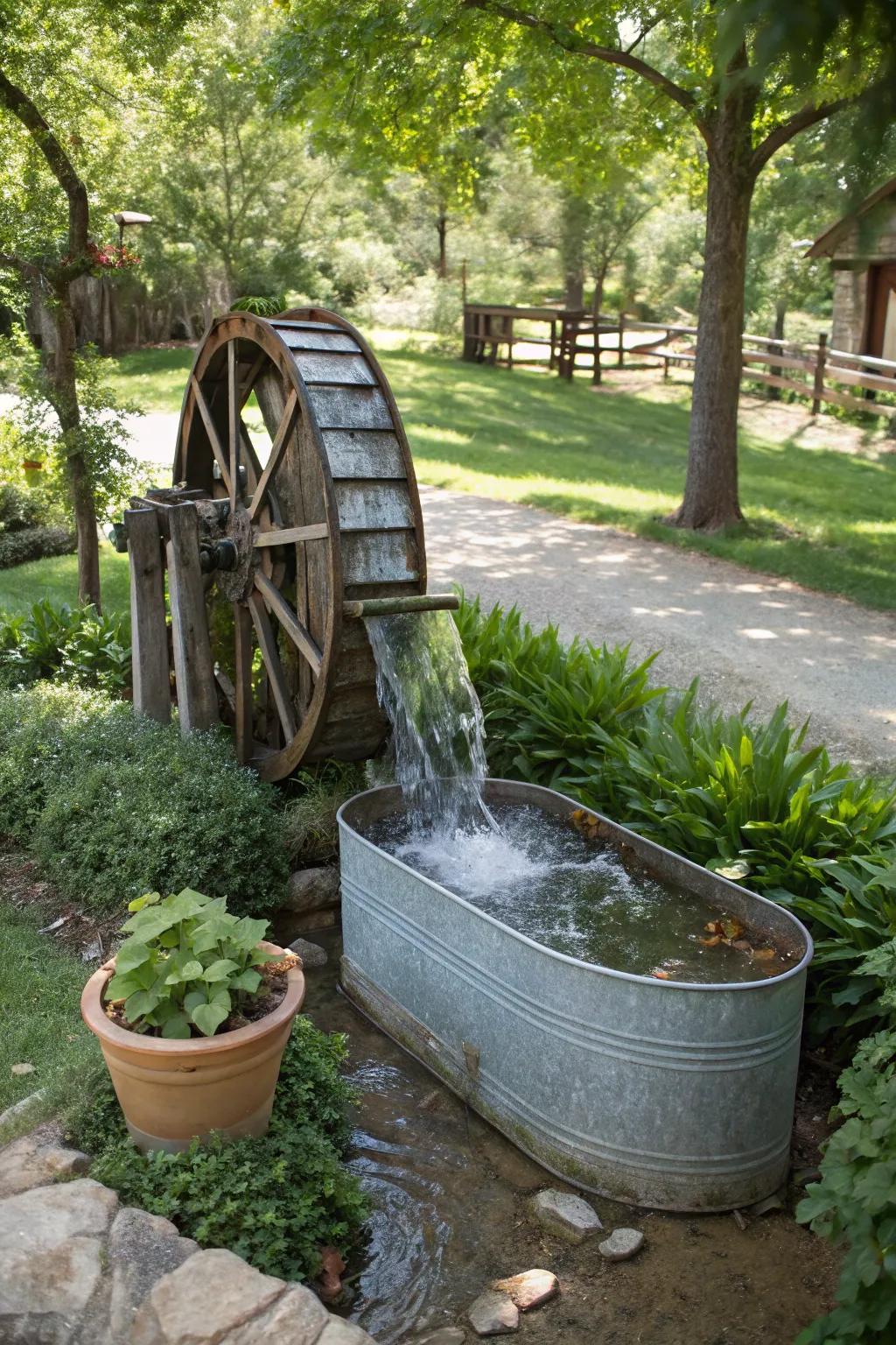A diminutive hydro-propeller animates a rustic trough fountain.