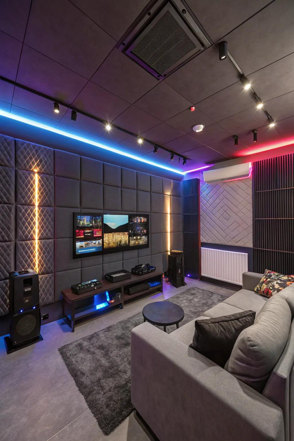 Soundproofing panels create a focused gaming environment.