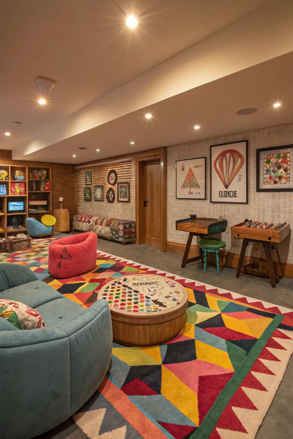 Colorful rugs add warmth and personality to your game room.