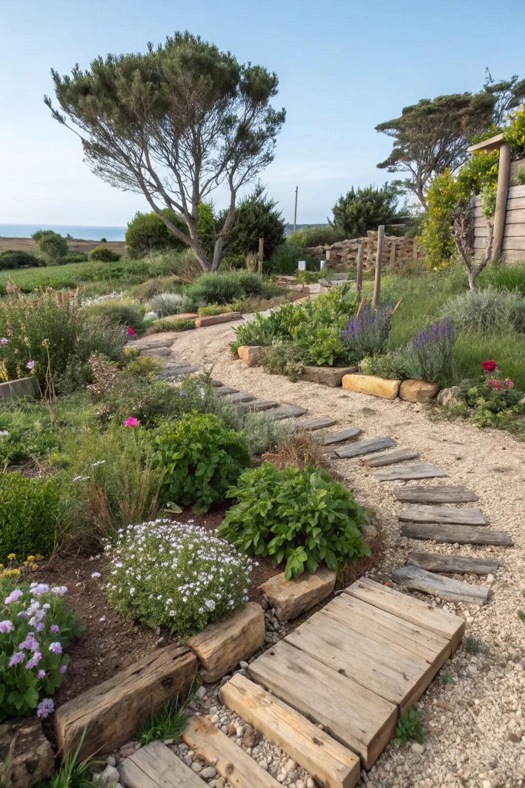 A garden that combines beauty and sustainability using eco-friendly materials.
