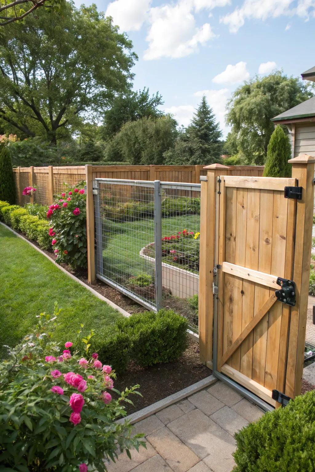 A double fence system expertly thwarts jumping animals, ensuring they cannot breach the garden's protective layers.